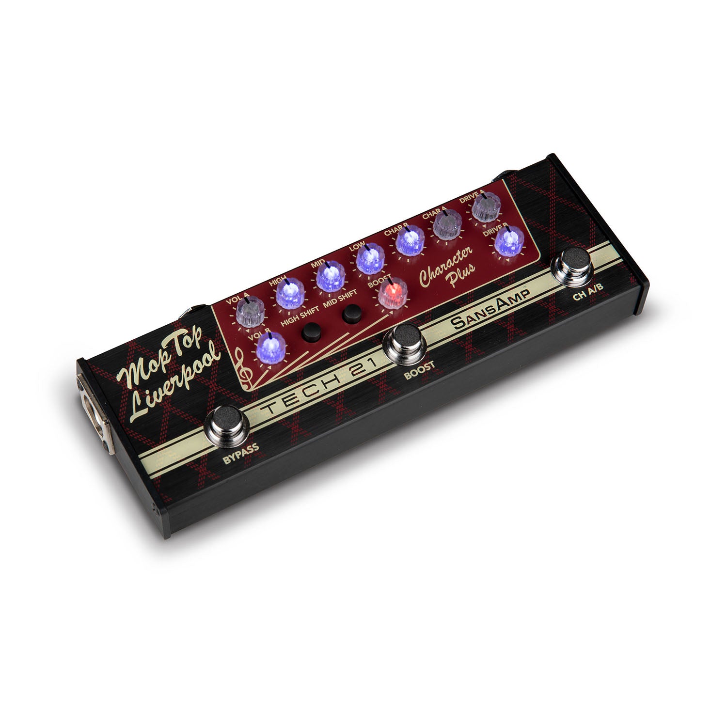 Tech 21 Mop Top Liverpool Character Plus multi-control guitar effects pedal with knobs and footswitches on black body.