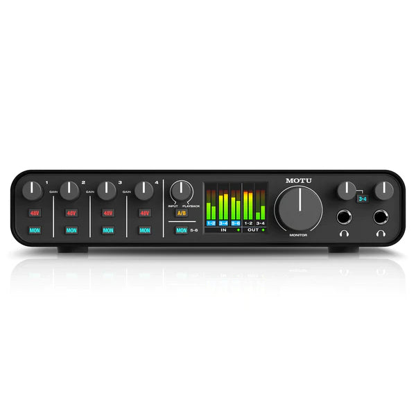 Front view of black MOTU audio interface with knobs, buttons, headphone jacks, and color level meters on screen.