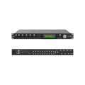 Front and rear views of a black rackmount audio interface with multiple knobs, buttons, a color display, and various audio and network connectors.