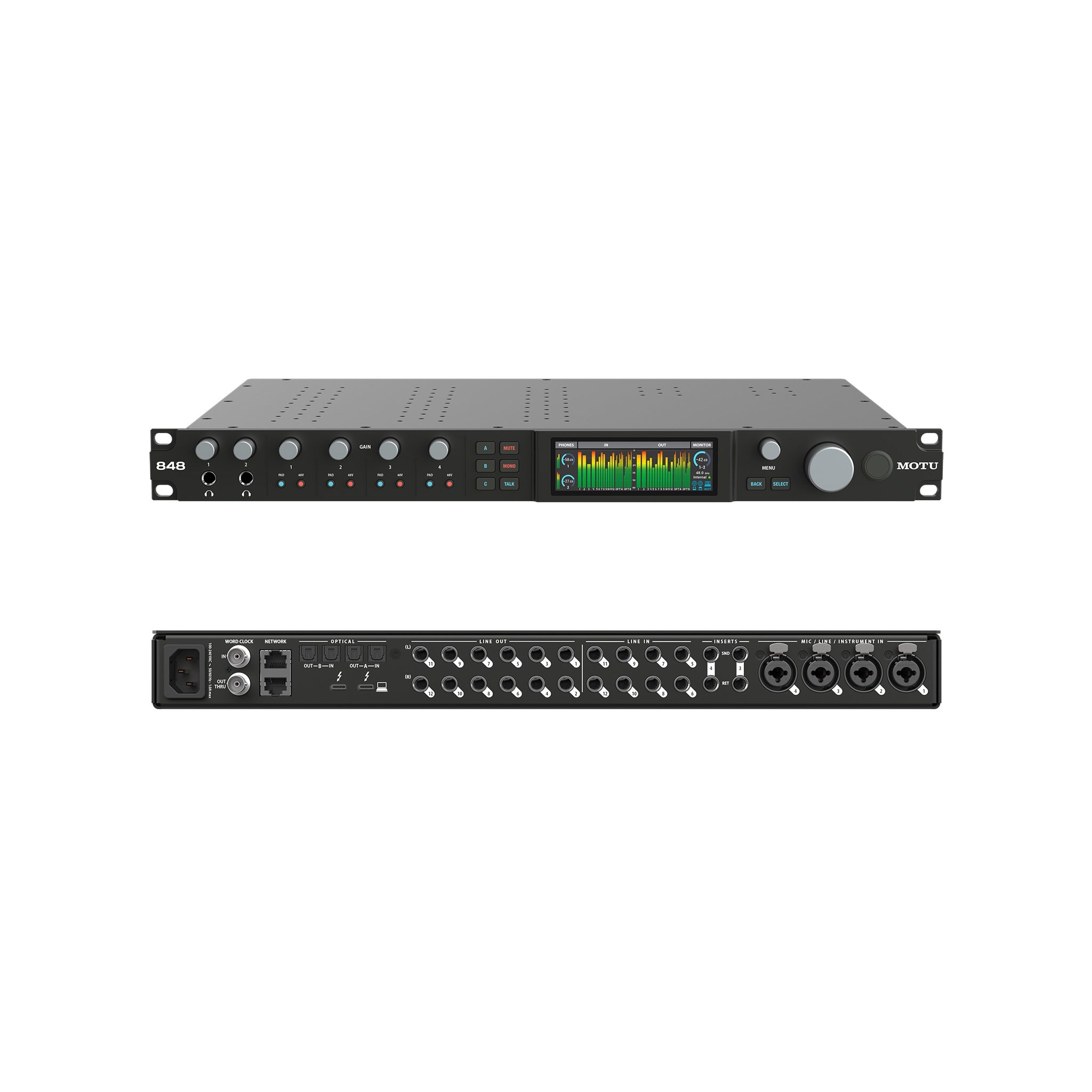 Front and rear views of a black rackmount audio interface with multiple knobs, buttons, a color display, and various audio and network connectors.