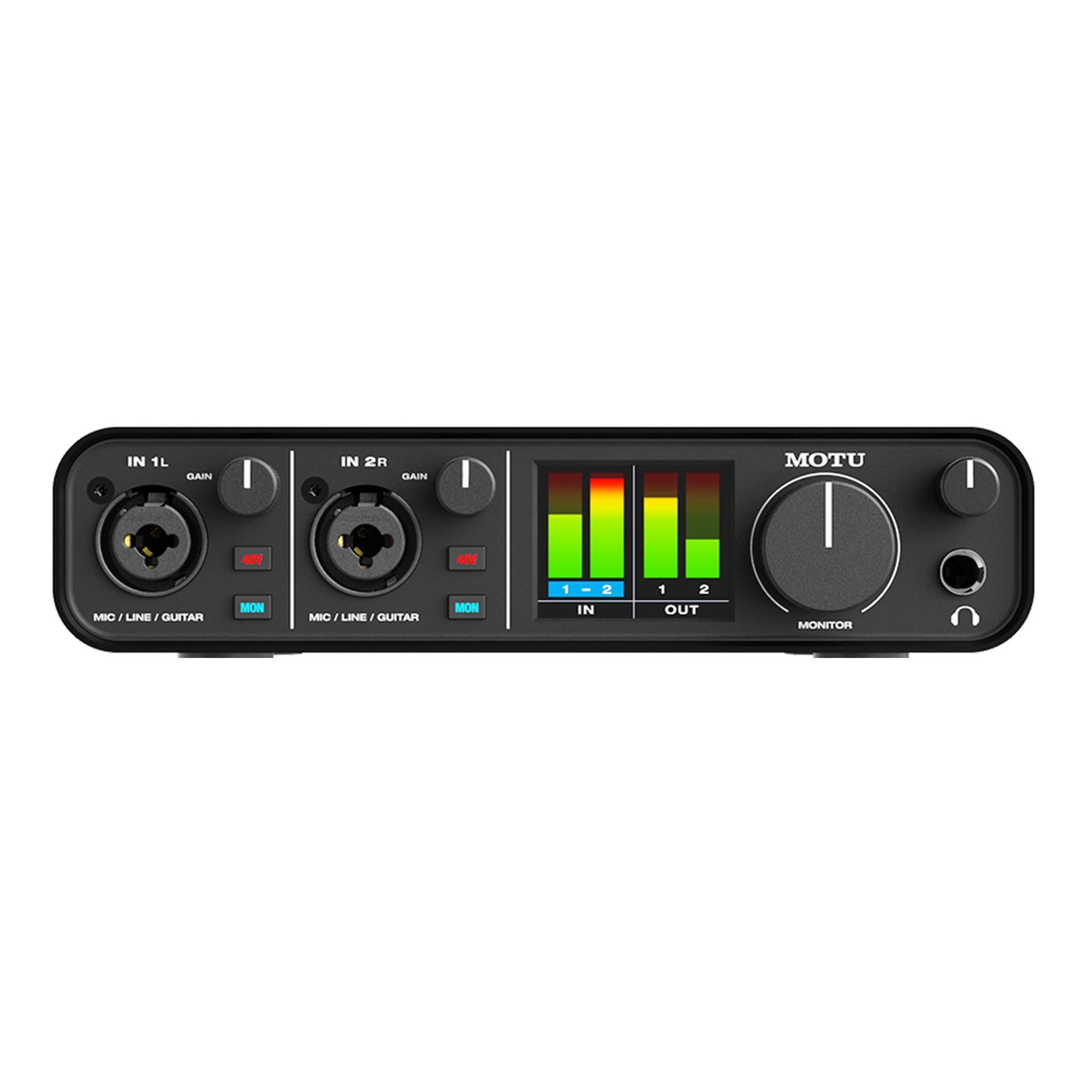 Front view of a black audio interface with two combo input jacks, gain knobs, LED level meters, monitor knob, and headphone jack.
