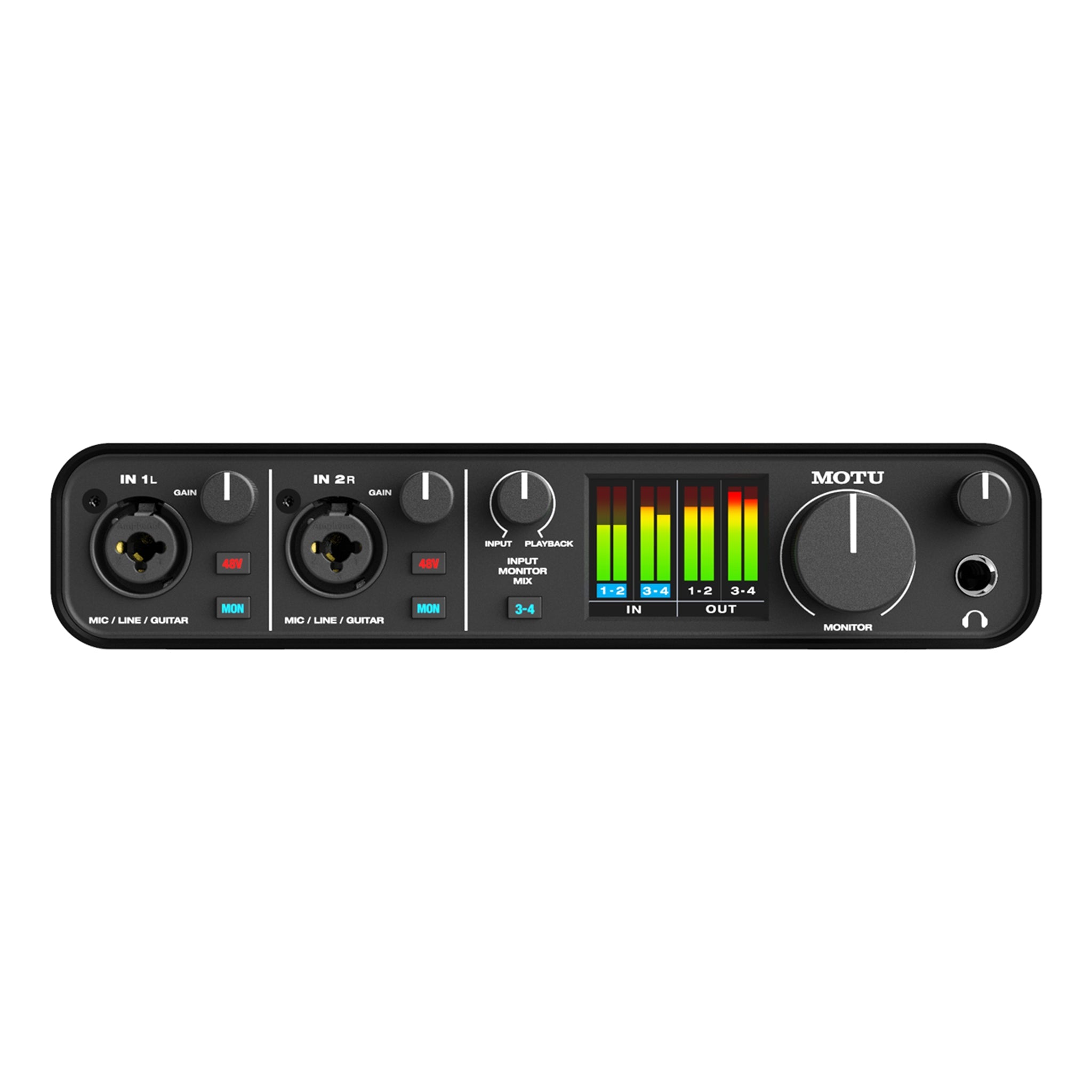 Black audio interface with two combo jack inputs, gain knobs, level meters, monitor control dial, and headphone jack.