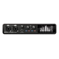 Front view of a black audio interface with combo inputs, headphone jack, knobs, buttons, and a graphical LCD screen.