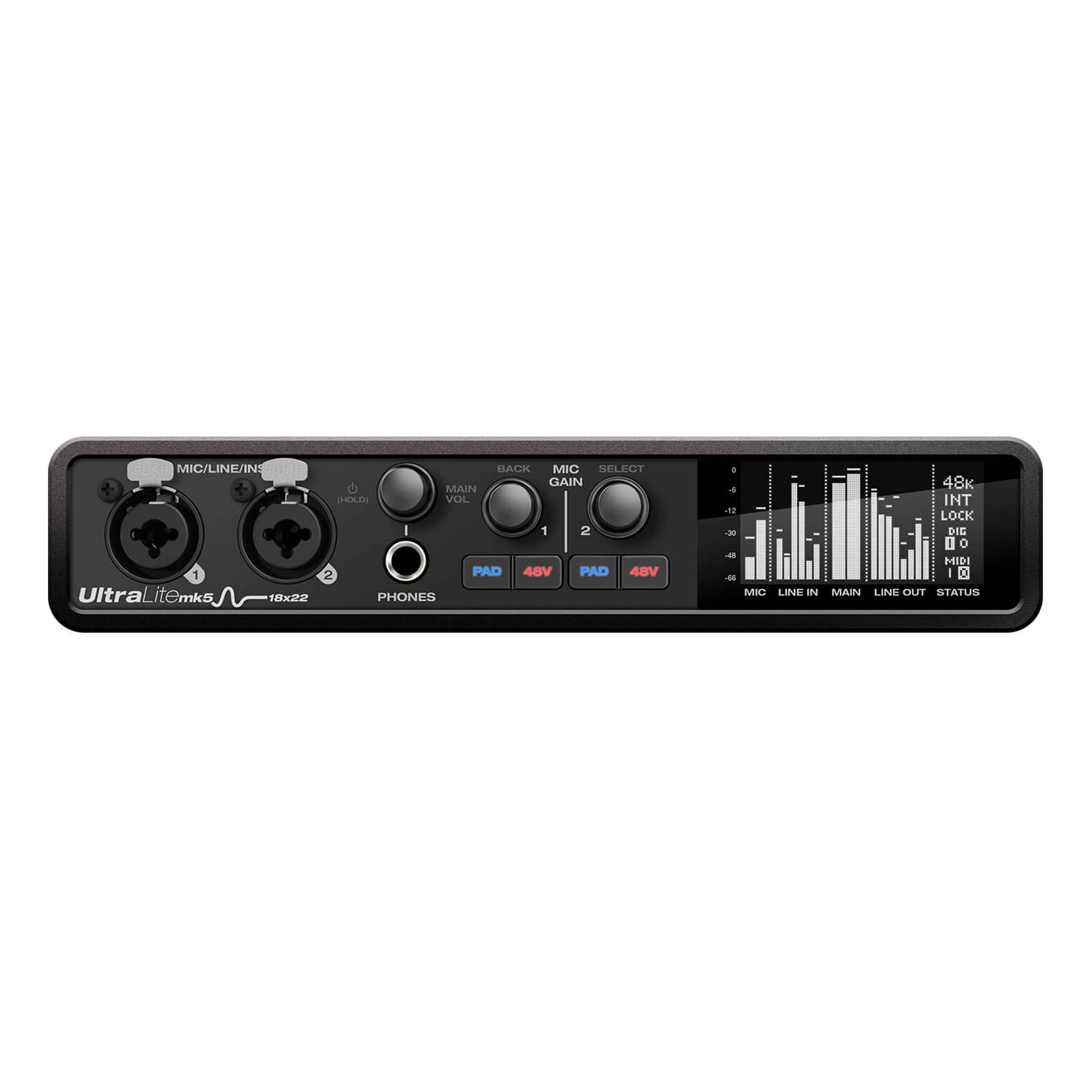 Front view of a black audio interface with combo inputs, headphone jack, knobs, buttons, and a graphical LCD screen.
