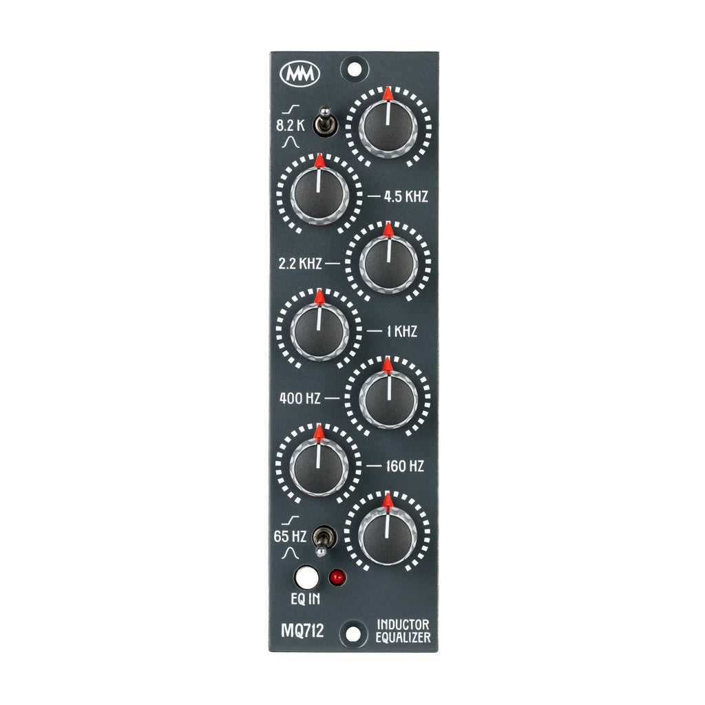 Front panel of a black MQ712 inductor equalizer with multiple knobs, two toggle switches, one button, and an indicator light.