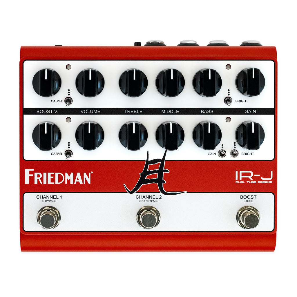 Red and white Friedman IR-J dual tube preamp with knobs, toggle switches, and footswitches on top panel.