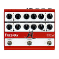 Red and white Friedman IR-J dual tube preamp with knobs, toggle switches, and footswitches on top panel.