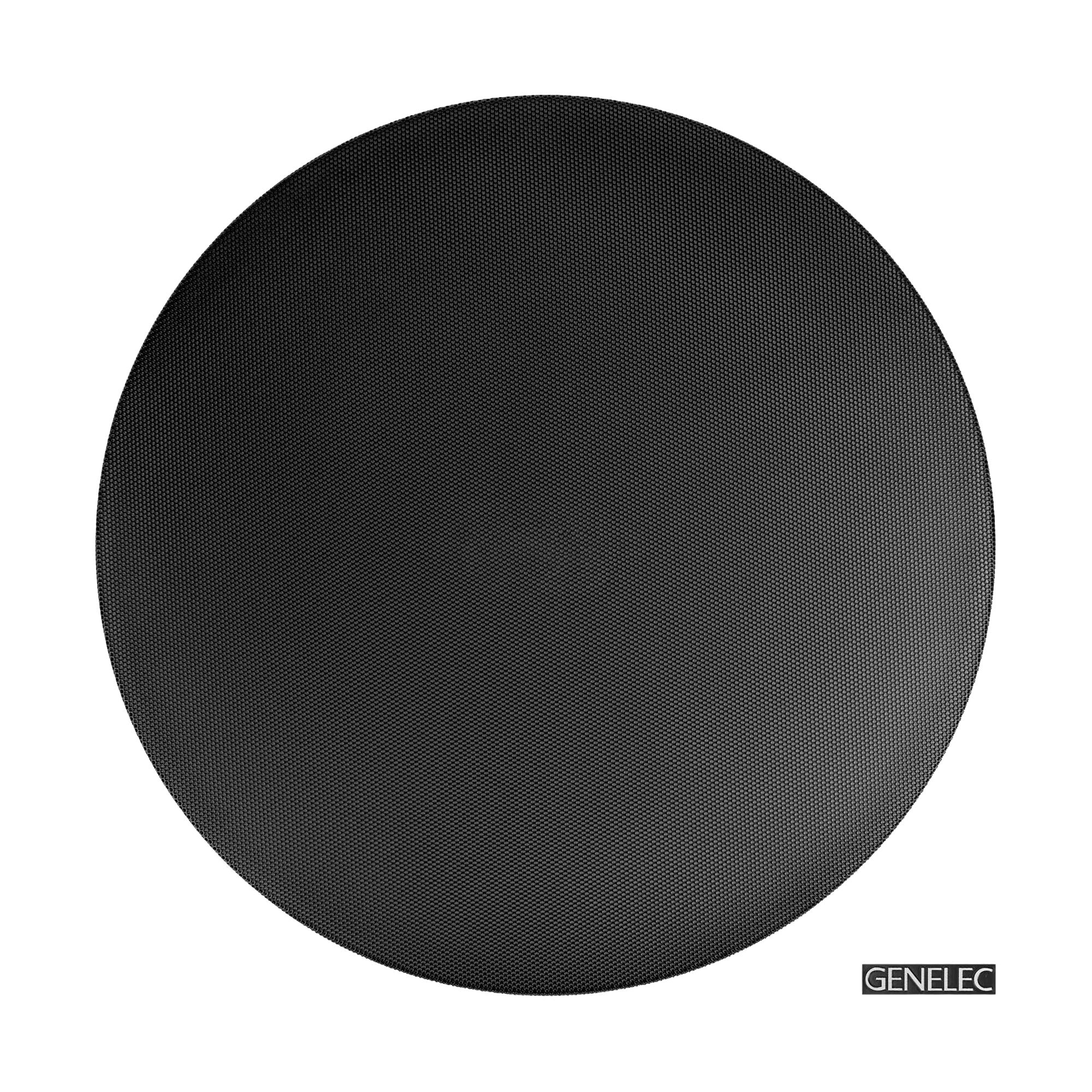 Close-up front view of a round black speaker grille with a Genelec logo tag on white background.