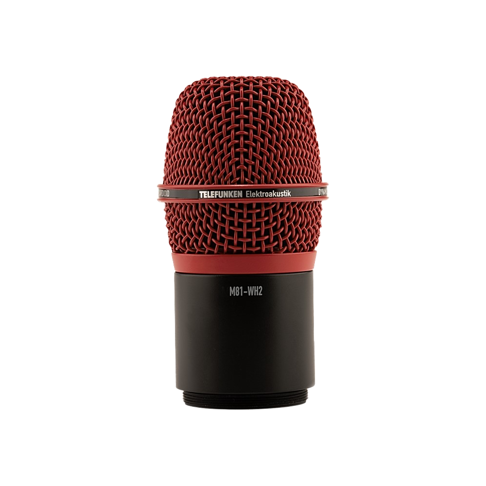 Red and black TELEFUNKEN microphone head with metal mesh grille and threaded connector, labeled M81-WH2.