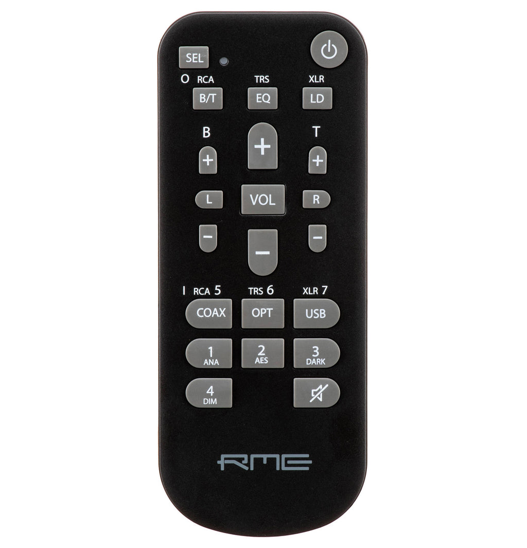 Black remote control with multiple gray buttons labeled for audio functions and input types, bearing RME logo at bottom.