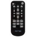 Black remote control with multiple gray buttons labeled for audio functions and input types, bearing RME logo at bottom.