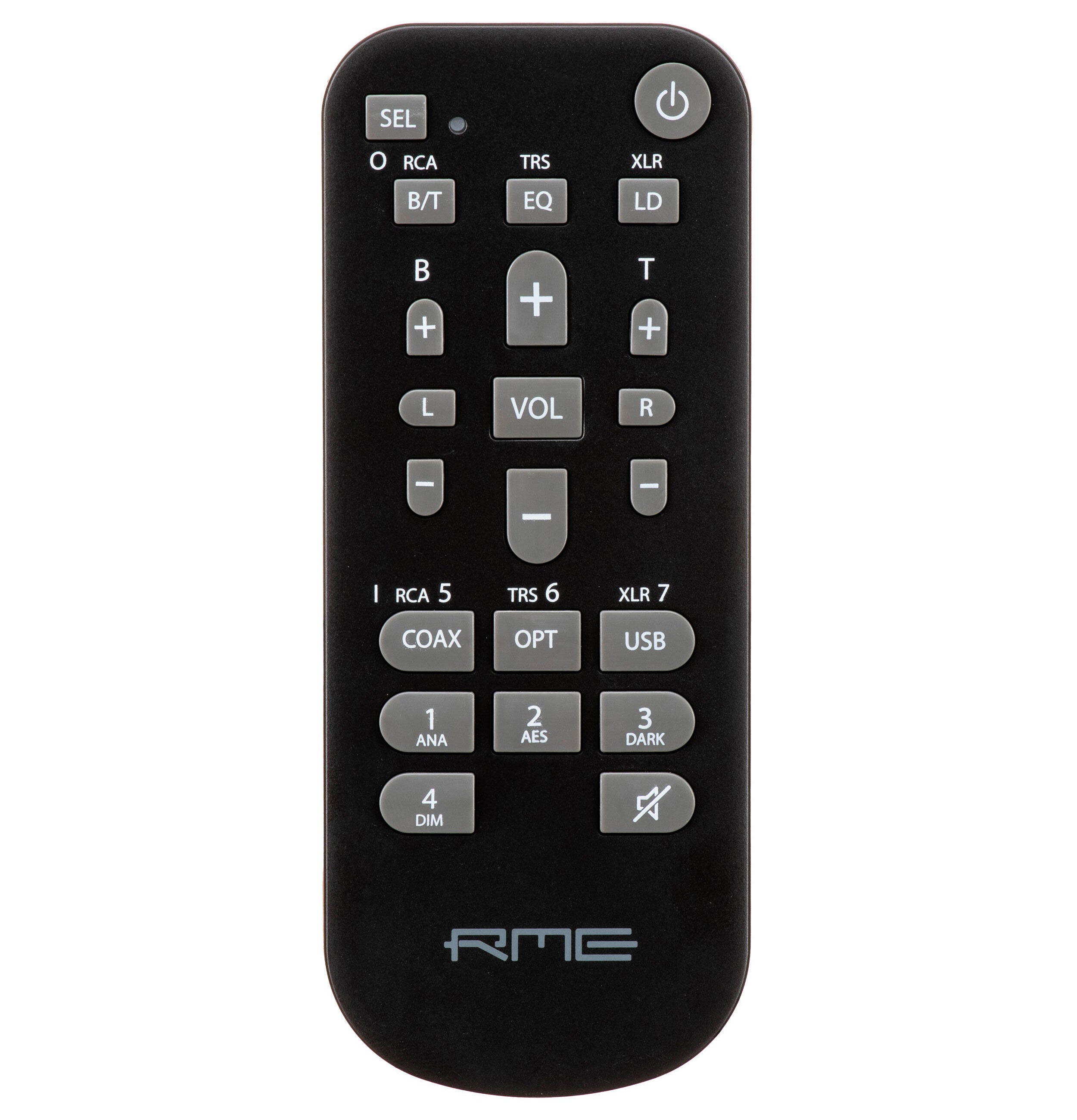 Black remote control with multiple gray buttons labeled for audio functions and input types, bearing RME logo at bottom.