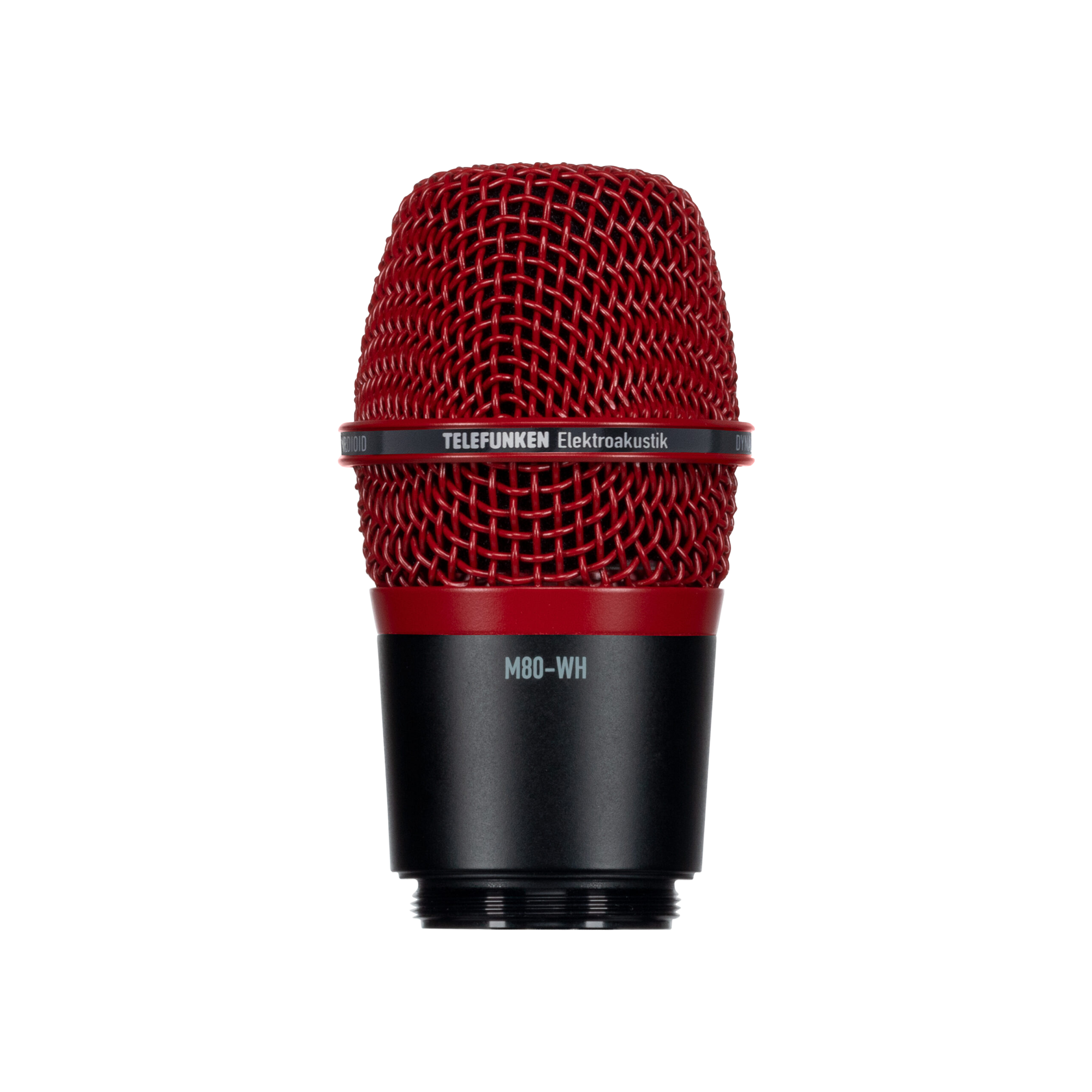 Front view of a red and black TELEFUNKEN M80-WH dynamic microphone head with mesh grille.