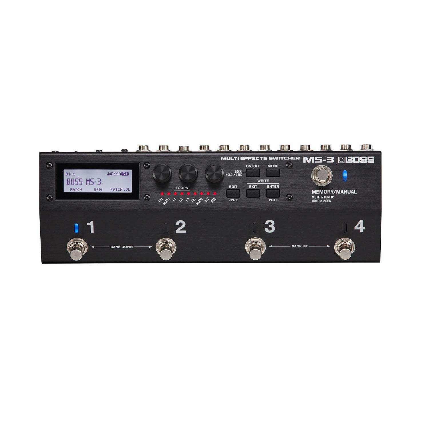 Black multi effects switcher pedal with display, footswitches, knobs, buttons, and multiple jacks across the top edge.