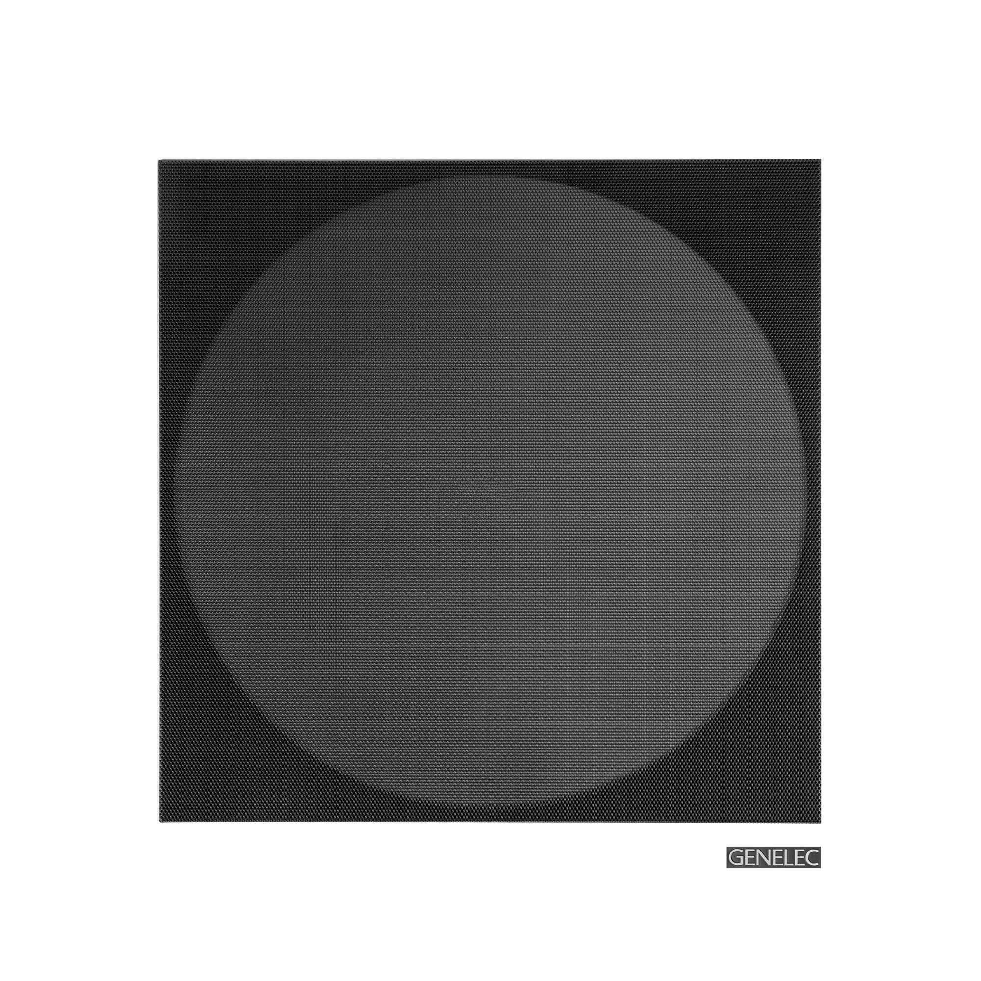 Front view of a black speaker grille with a large circular shape and Genelec logo in the bottom right corner.