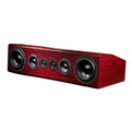 Red wooden speaker with six visible drivers facing front, shown on white background.