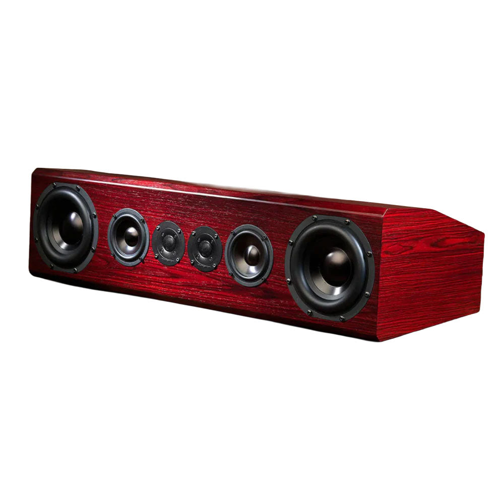Long red wooden speaker with six drivers front-facing in a horizontal arrangement.