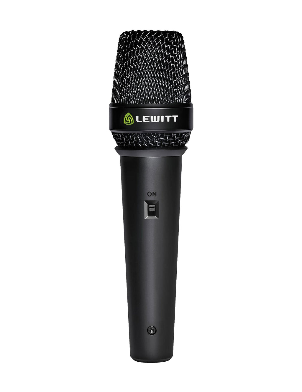 Black handheld microphone with metal grille and on/off switch, branded LEWITT.