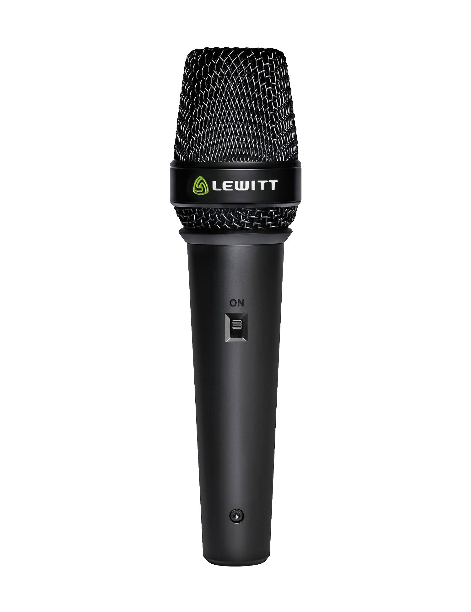 Black handheld microphone with metal grille and on/off switch, branded LEWITT.