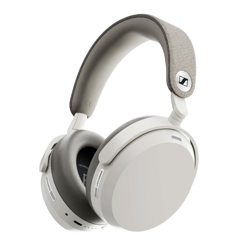 White over-ear headphones with gray fabric headband and padded ear cups, labeled Momentum 5.