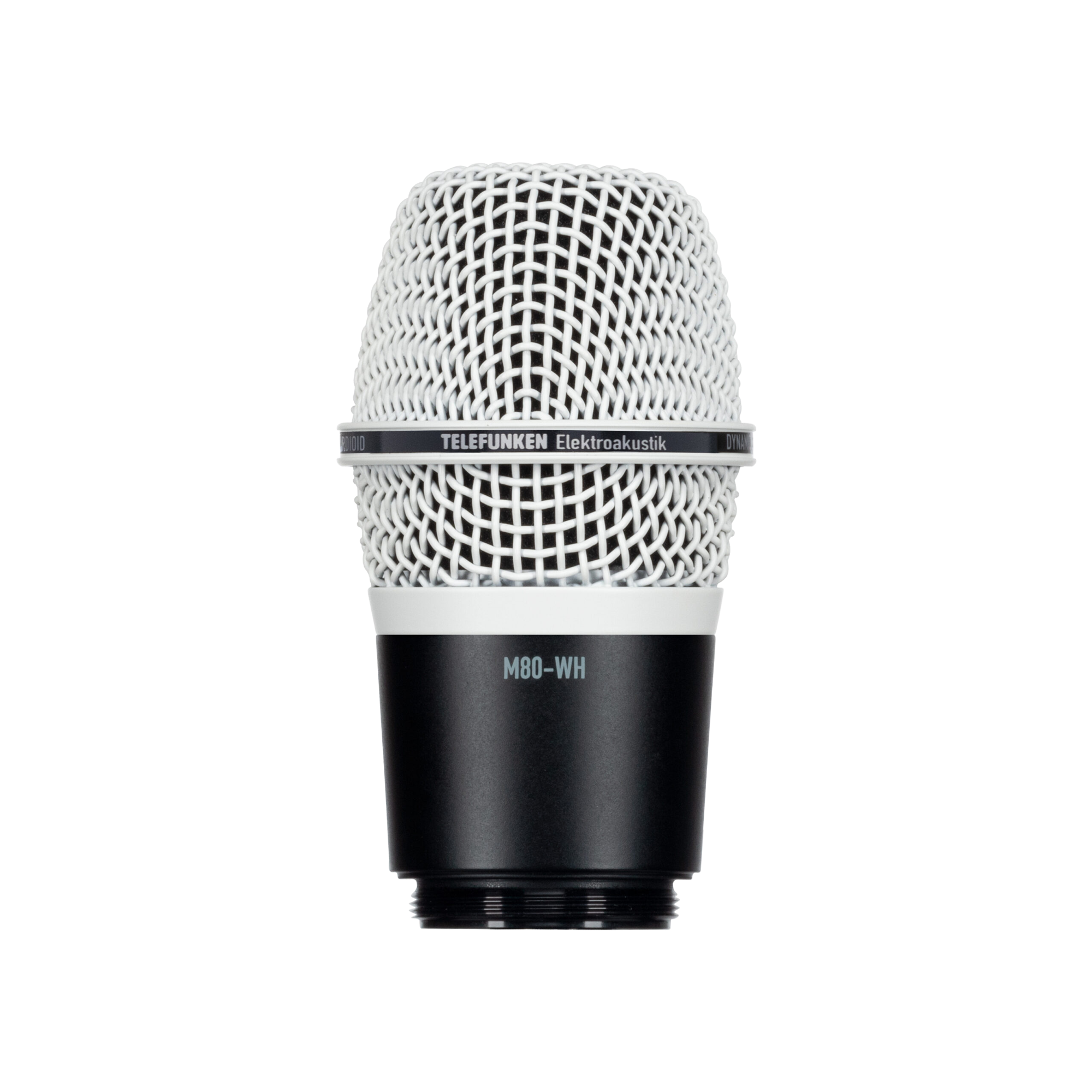 White and black microphone head with metal grille and threaded base labeled M80-WH.