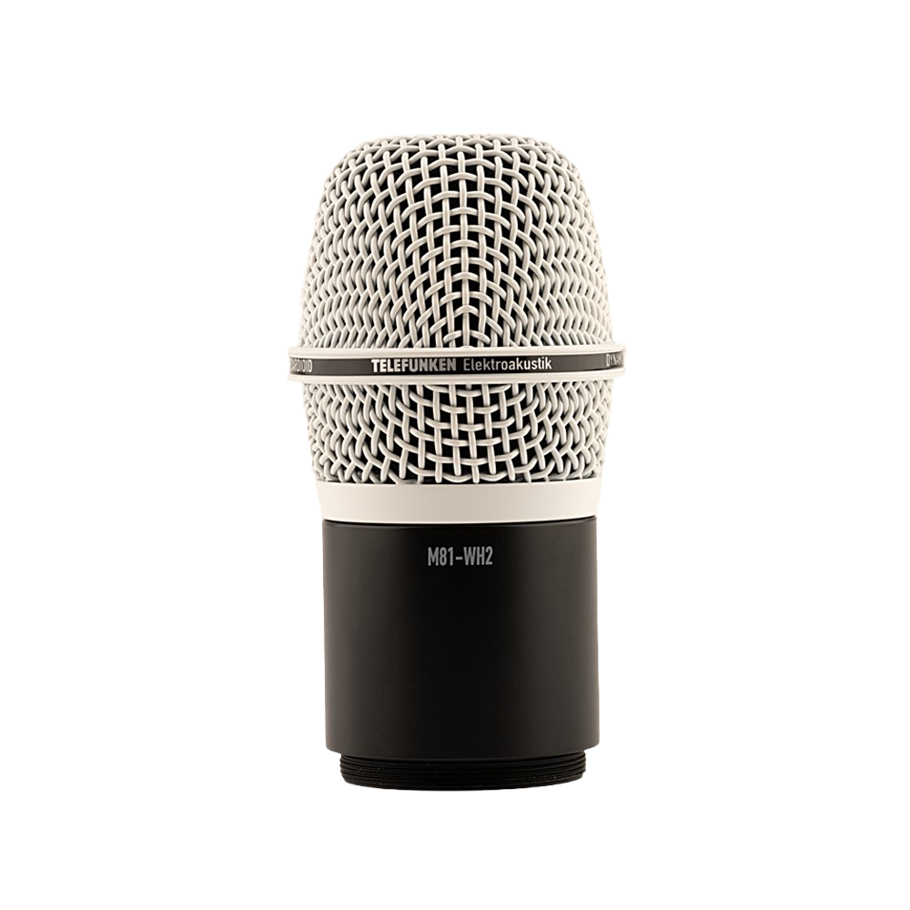 Front view of a black and white microphone grill with TELEFUNKEN branding and model M81-WH2 text.