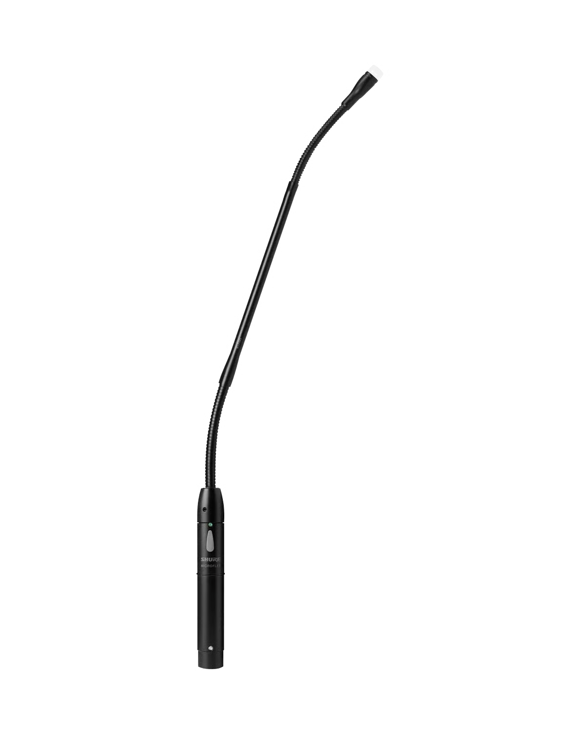 Black gooseneck microphone with a switch and green indicator light labeled SHURE MICROFLEX.
