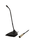Black desktop gooseneck microphone with push-button and 3-pin XLR connector attached cable