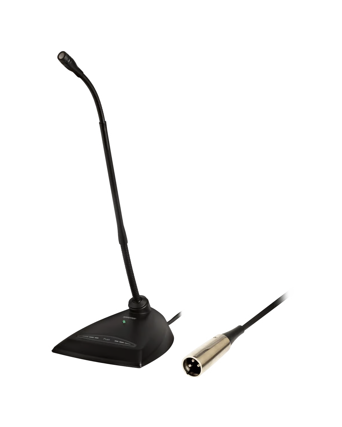 Black desktop gooseneck microphone with push-button and 3-pin XLR connector attached cable
