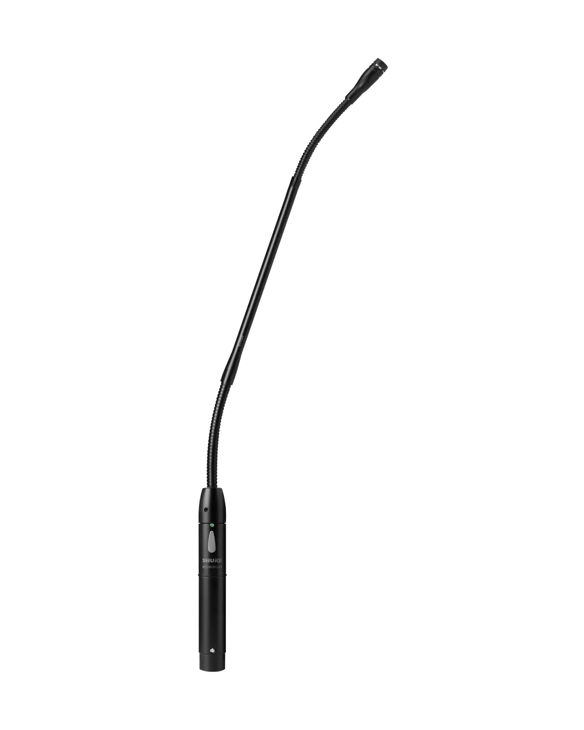 Black gooseneck microphone with a button and XLR-style connector.