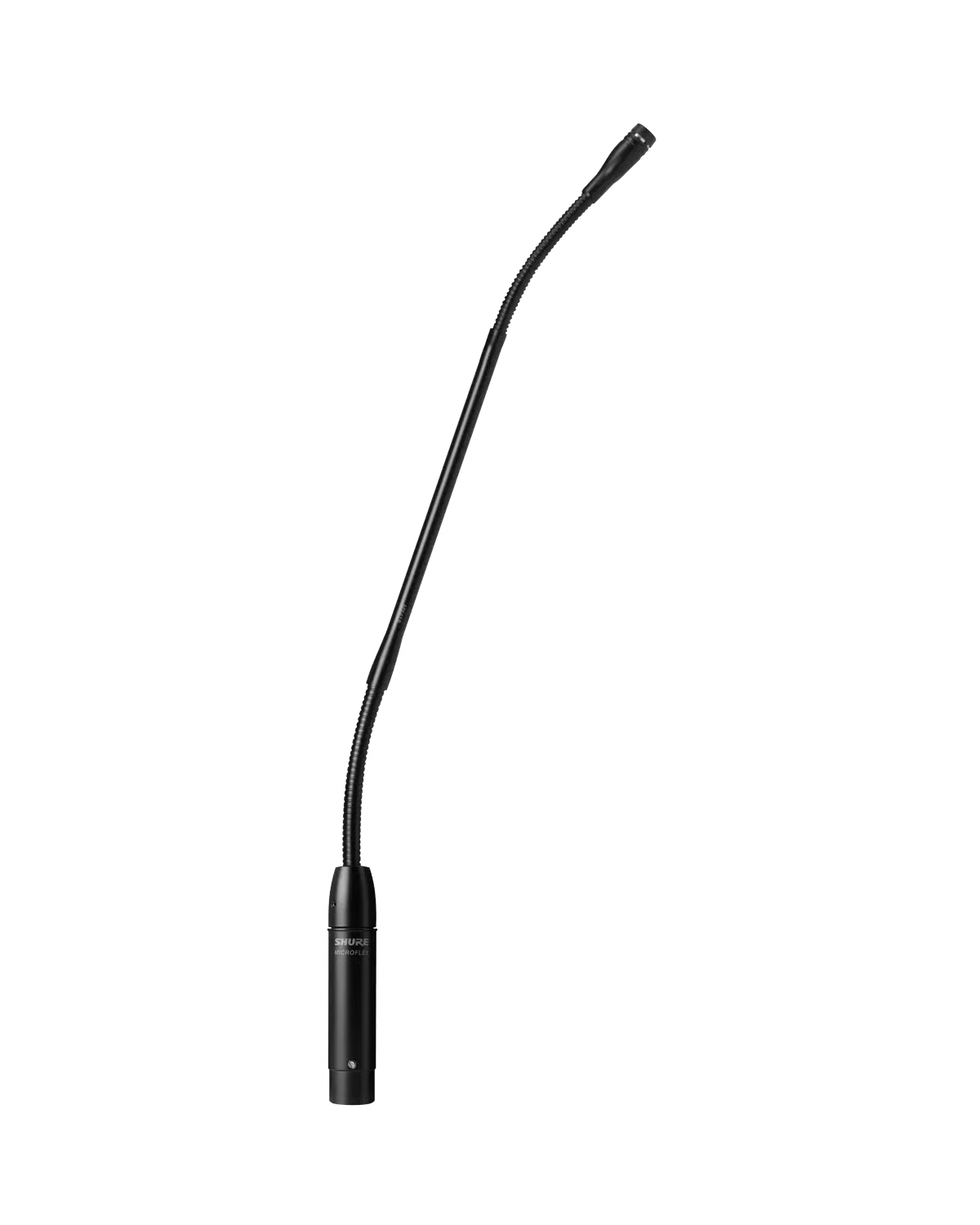 Black gooseneck microphone with XLR connector and SHURE MICROFLEX branding.