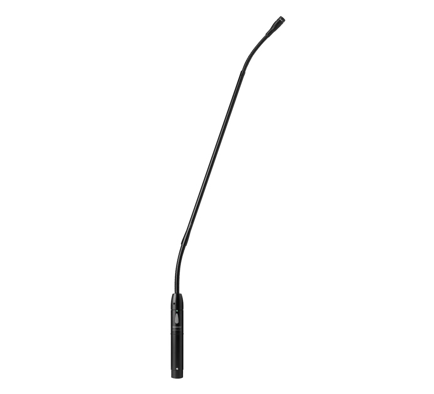 Black gooseneck microphone with a switch and XLR connector on the base.