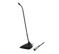 Black gooseneck microphone with triangular base and attached XLR cable connector.