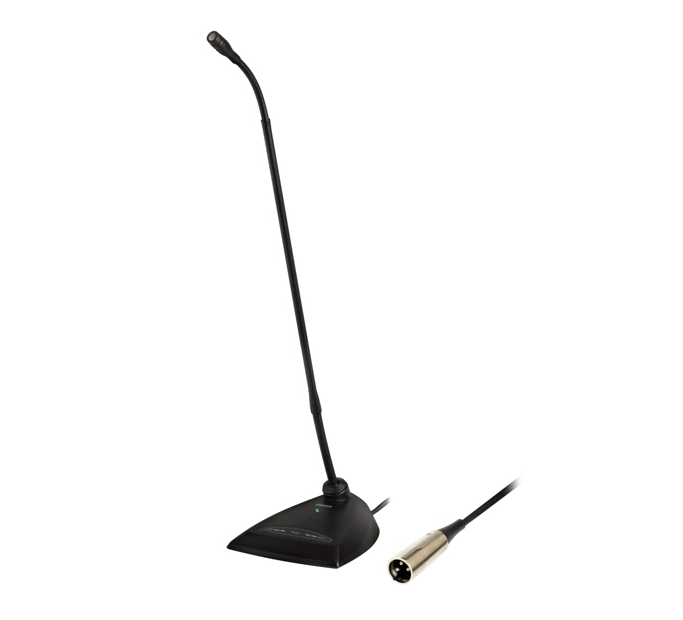 Black gooseneck desktop microphone with base and attached cable ending in a 3-pin XLR connector.