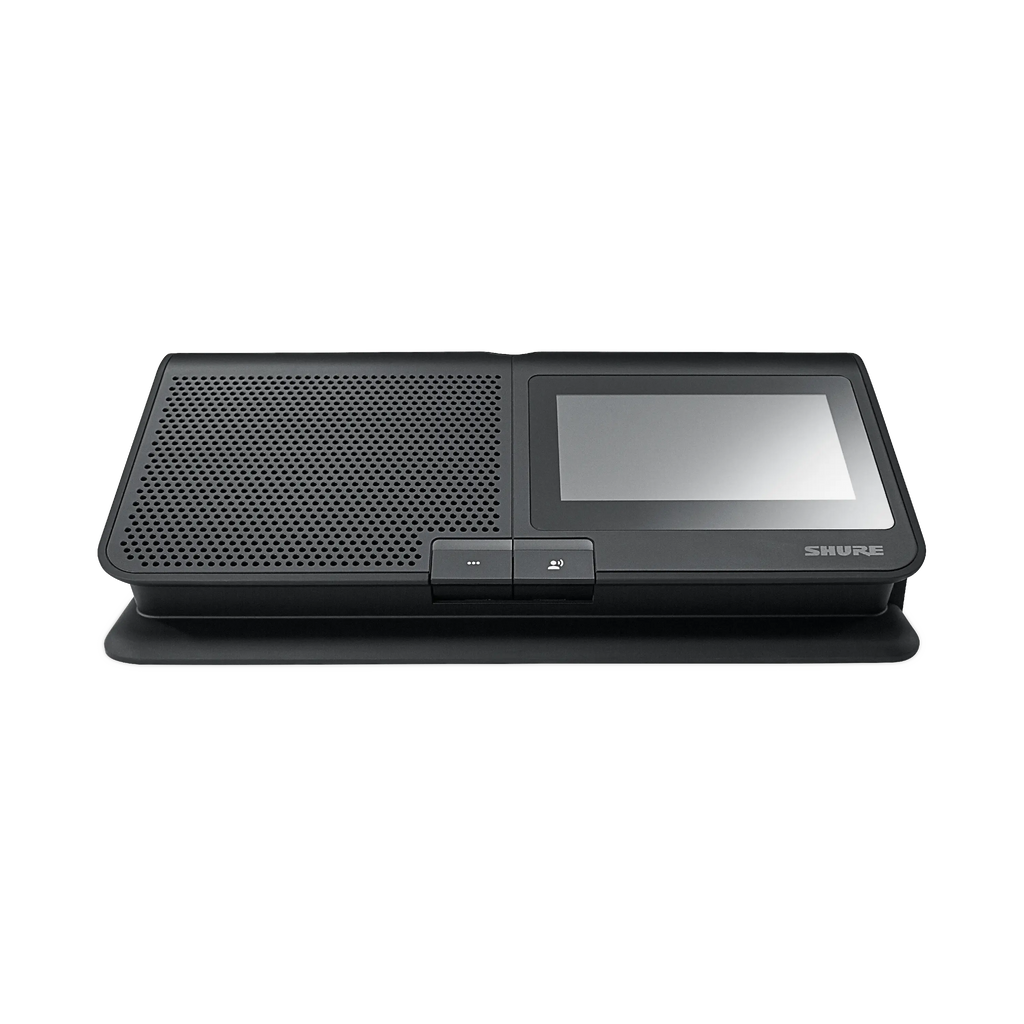 Black rectangular device with a perforated speaker area, touchscreen, and two buttons on the front.