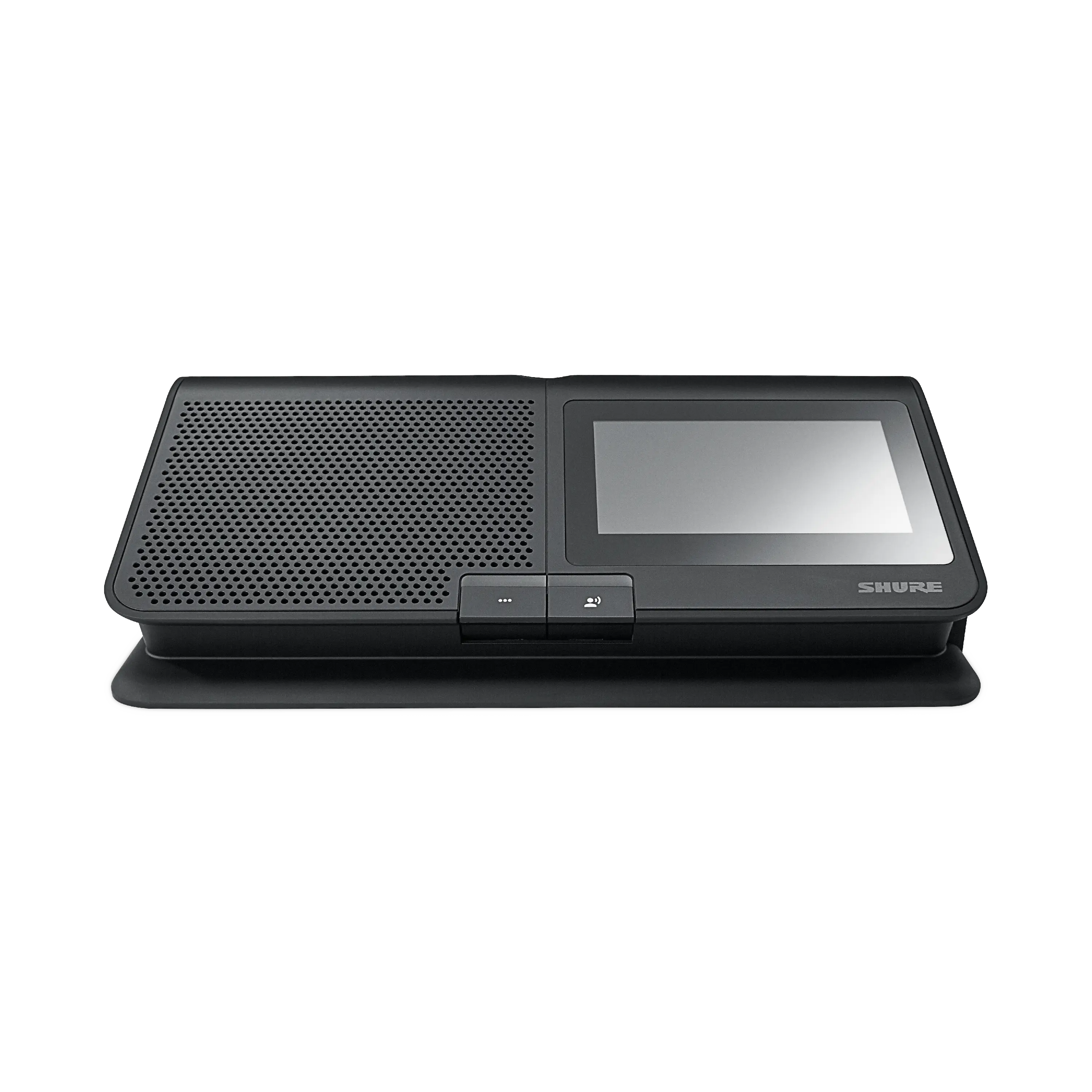 Black rectangular device with a perforated speaker area, touchscreen, and two buttons on the front.