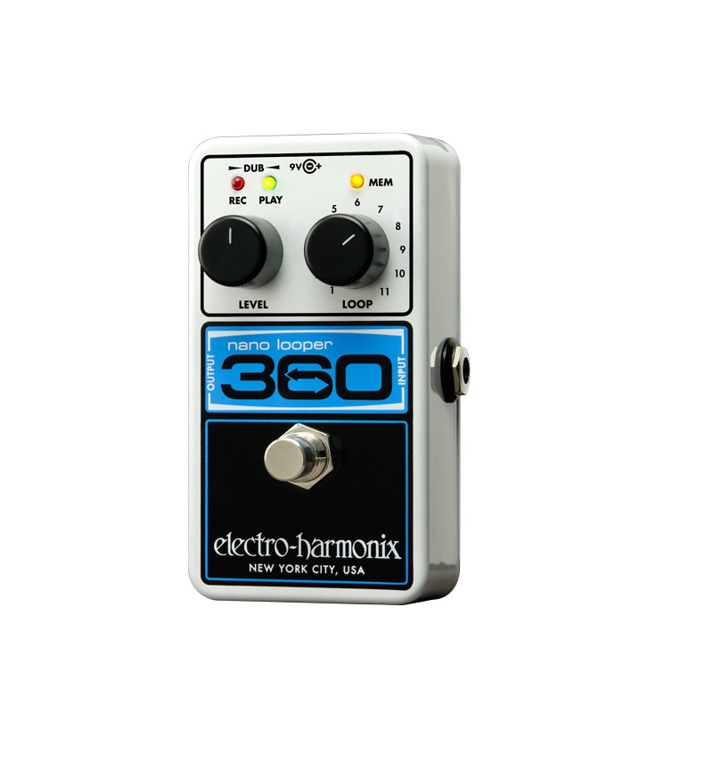 White guitar effects pedal with two knobs, three indicator lights, one footswitch, and one side input jack.