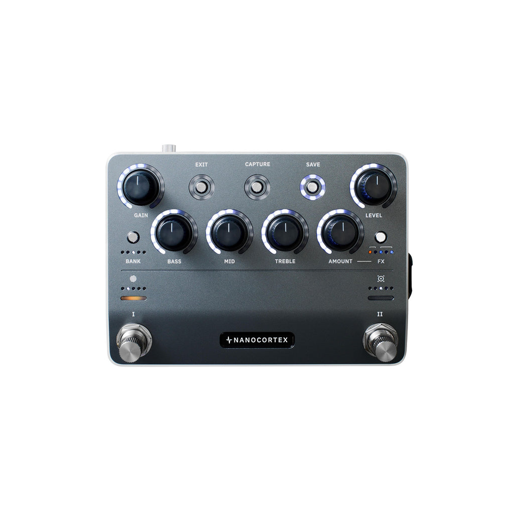 Top view of a Nanocortex multi-effect pedal with knobs, buttons, and two footswitches.