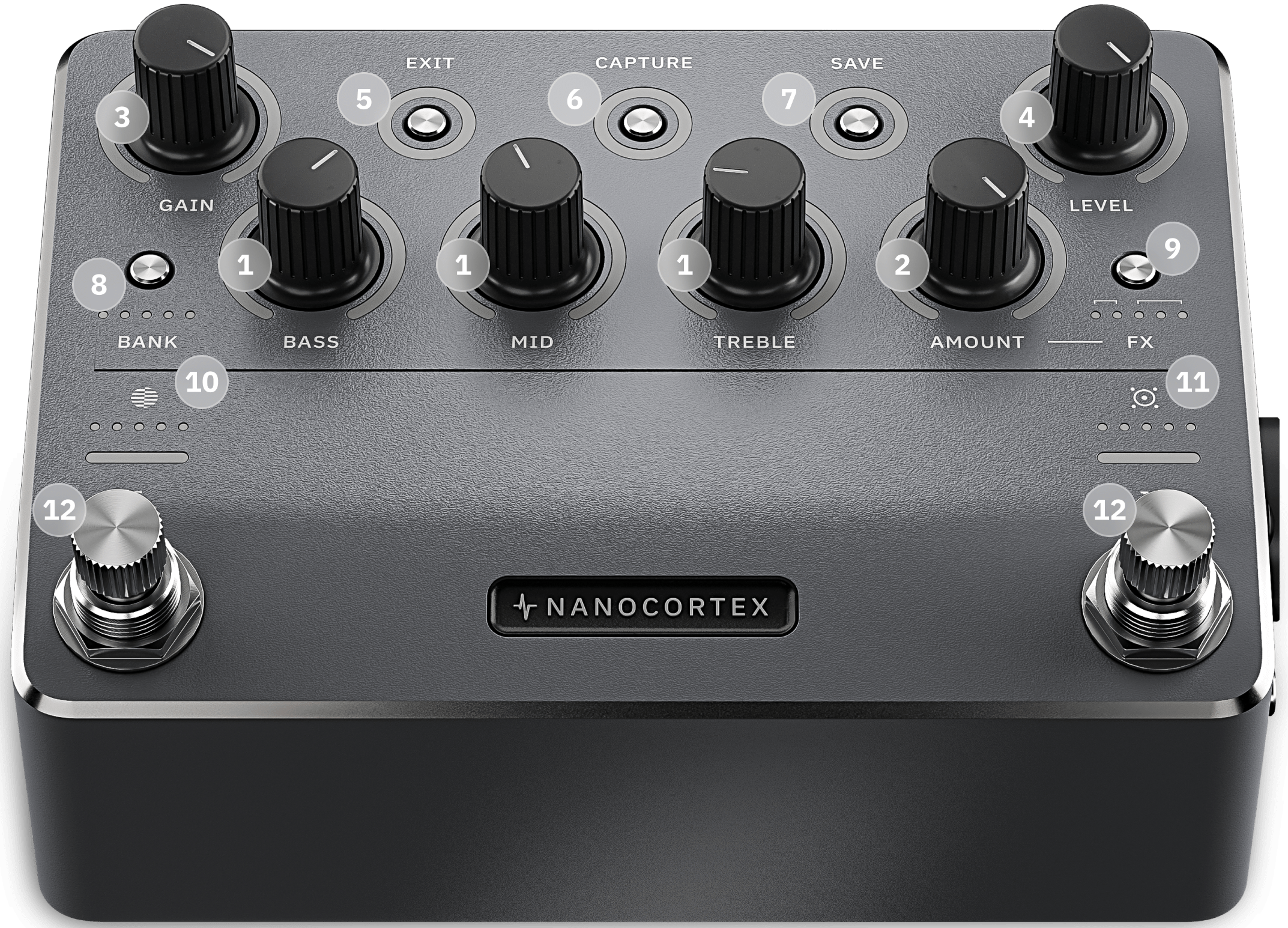 Top view of a black Nanocortex digital effects modeler pedal with multiple rotary knobs, buttons, and two footswitches.