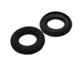 Two black round ear pads for headphones, one showing fabric side and the other showing leather-like side.