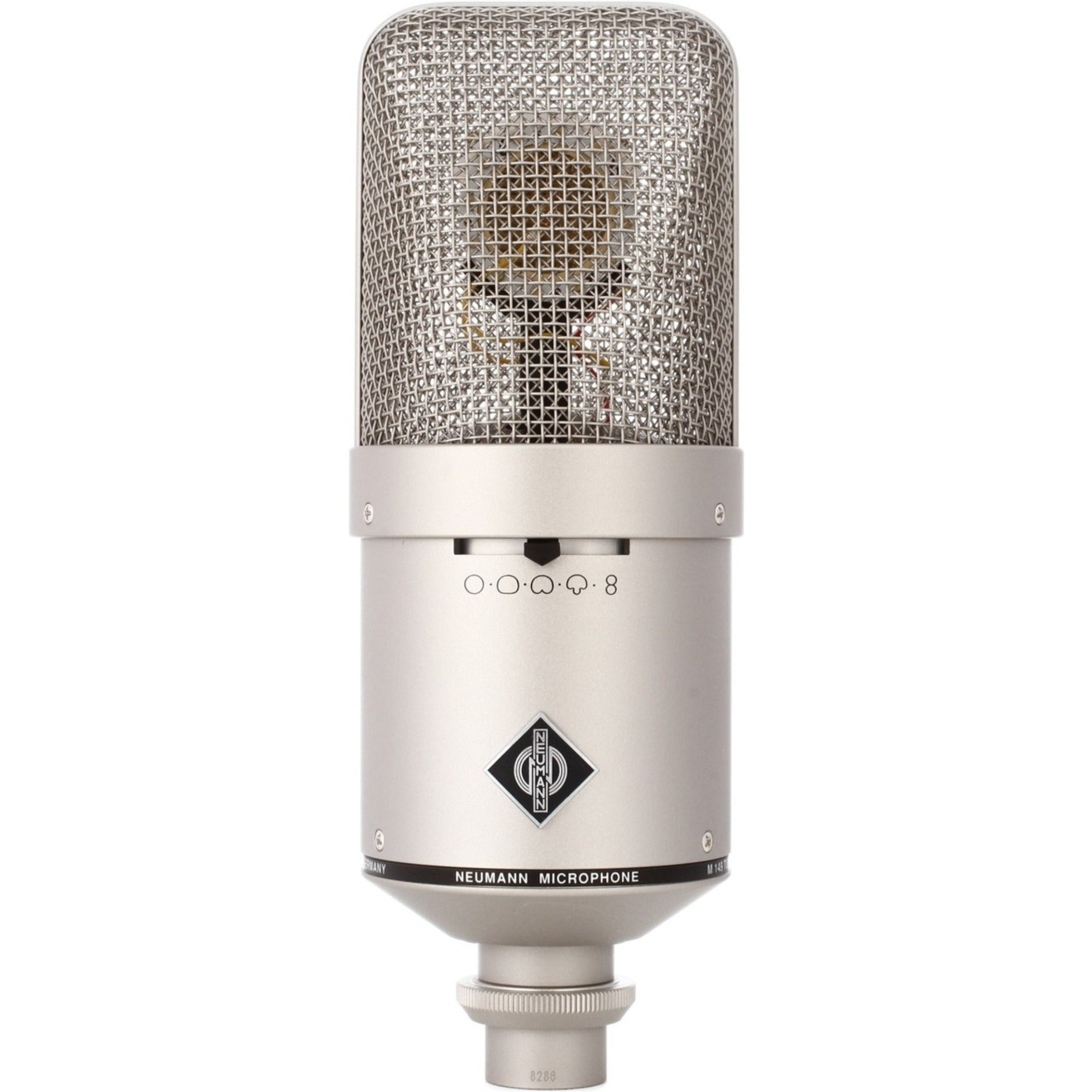 Silver Neumann condenser microphone with metal mesh grille and multi-pattern selector switch.