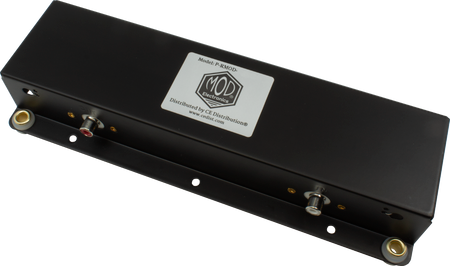 Black rectangular metal component with two toggle switches and two round sockets, labeled MOD distributed by CE Distributions.