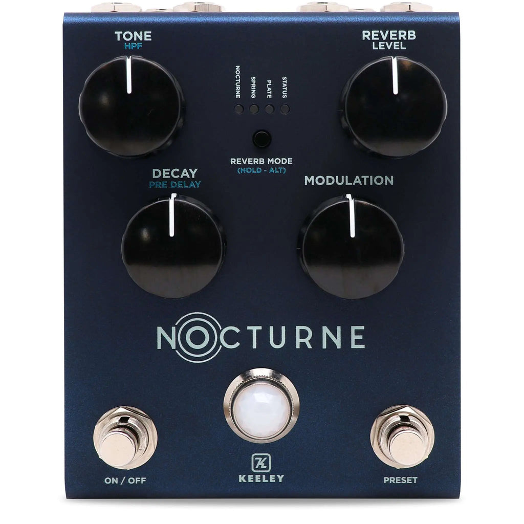 Dark blue guitar effects pedal with four knobs, two footswitches, and indicator lights labeled Nocturne.