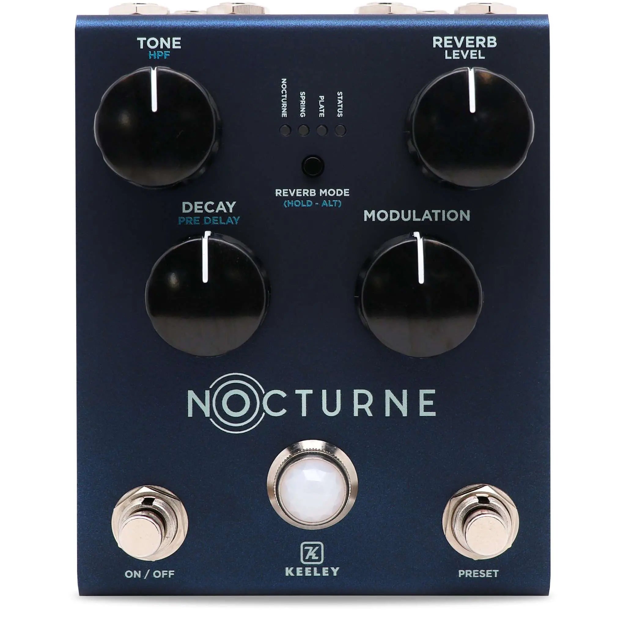 Dark blue guitar effects pedal with four knobs, two footswitches, and indicator lights labeled Nocturne.