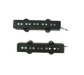 Two black rectangular pickups with pole pieces and attached twisted wires on white background.