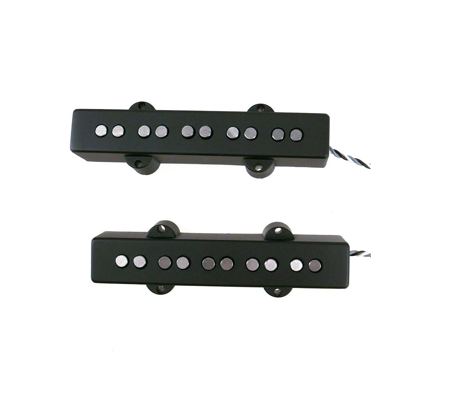 Two black rectangular pickups with pole pieces and attached twisted wires on white background.