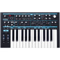 Black Novation Bass Station II analog synthesizer keyboard with knobs, sliders, and pitch/modulation wheels.