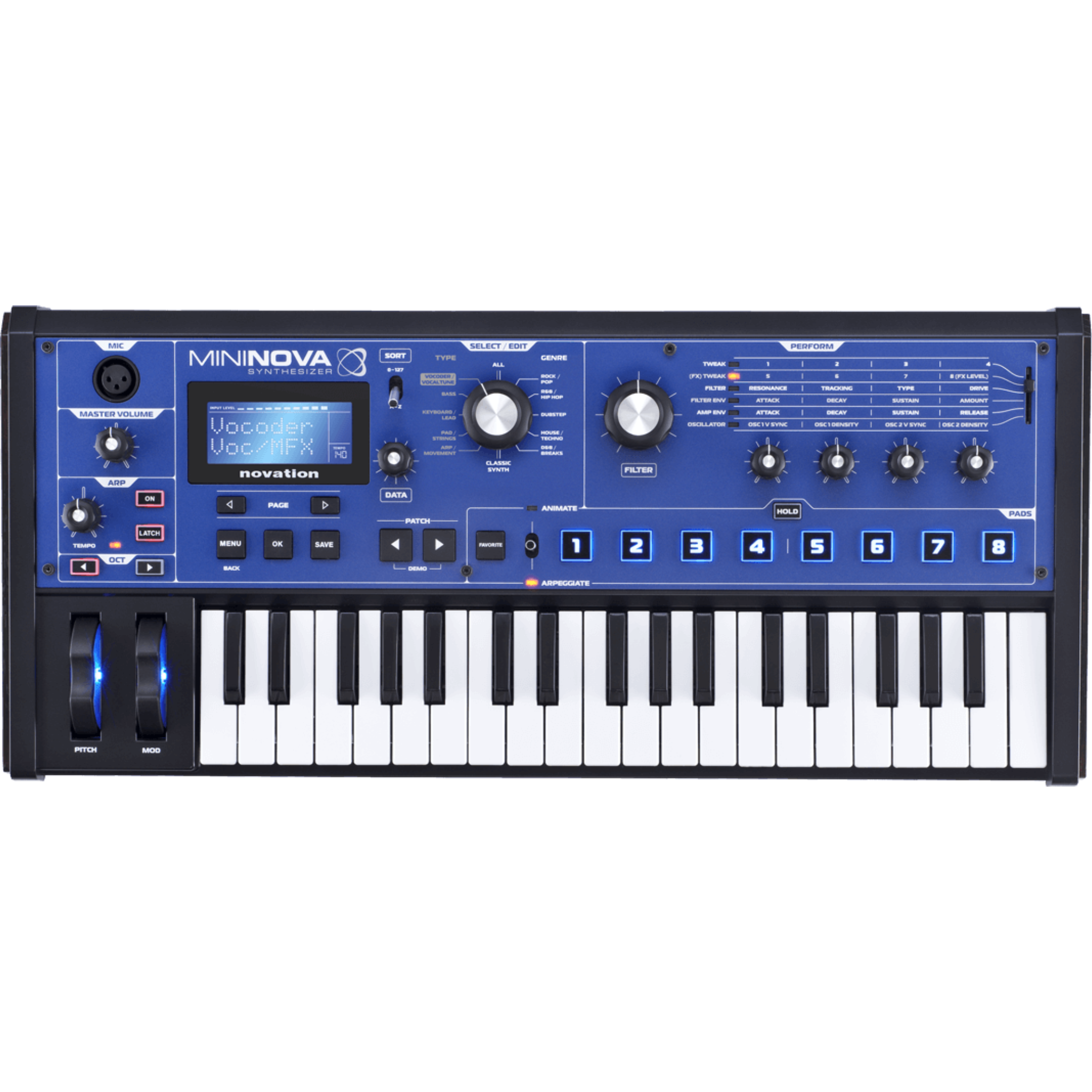 Blue and black 37-key synthesizer keyboard with display screen, knobs, buttons, and illuminated pads.
