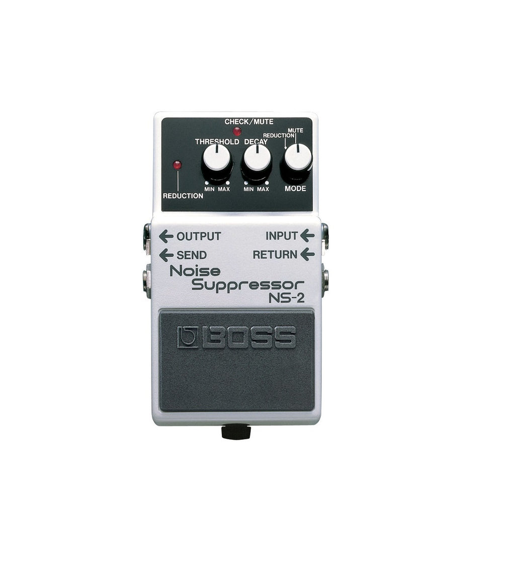 White BOSS noise suppressor pedal with three control knobs and four 1/4 inch input/output jacks