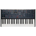 Analog synthesizer keyboard with multiple knobs, buttons, sliders, and a digital display labeled TEO-5